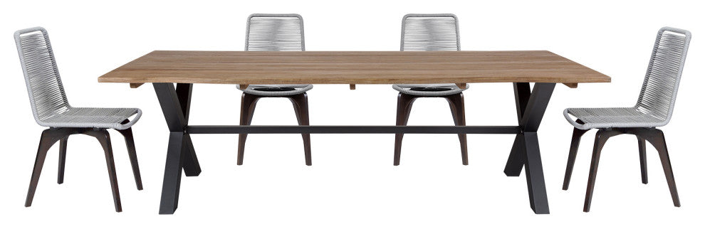 Glendora Island Outdoor Live Edge Dining Set Wood Silver Rope, 5-Piece Set