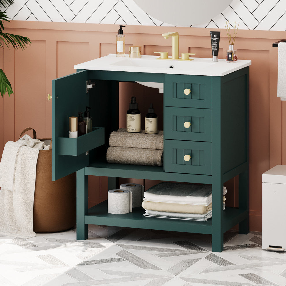 30 Inch Transitional Style Bathroom Vanity Cabinet Combo with Ceramic Sink, Green