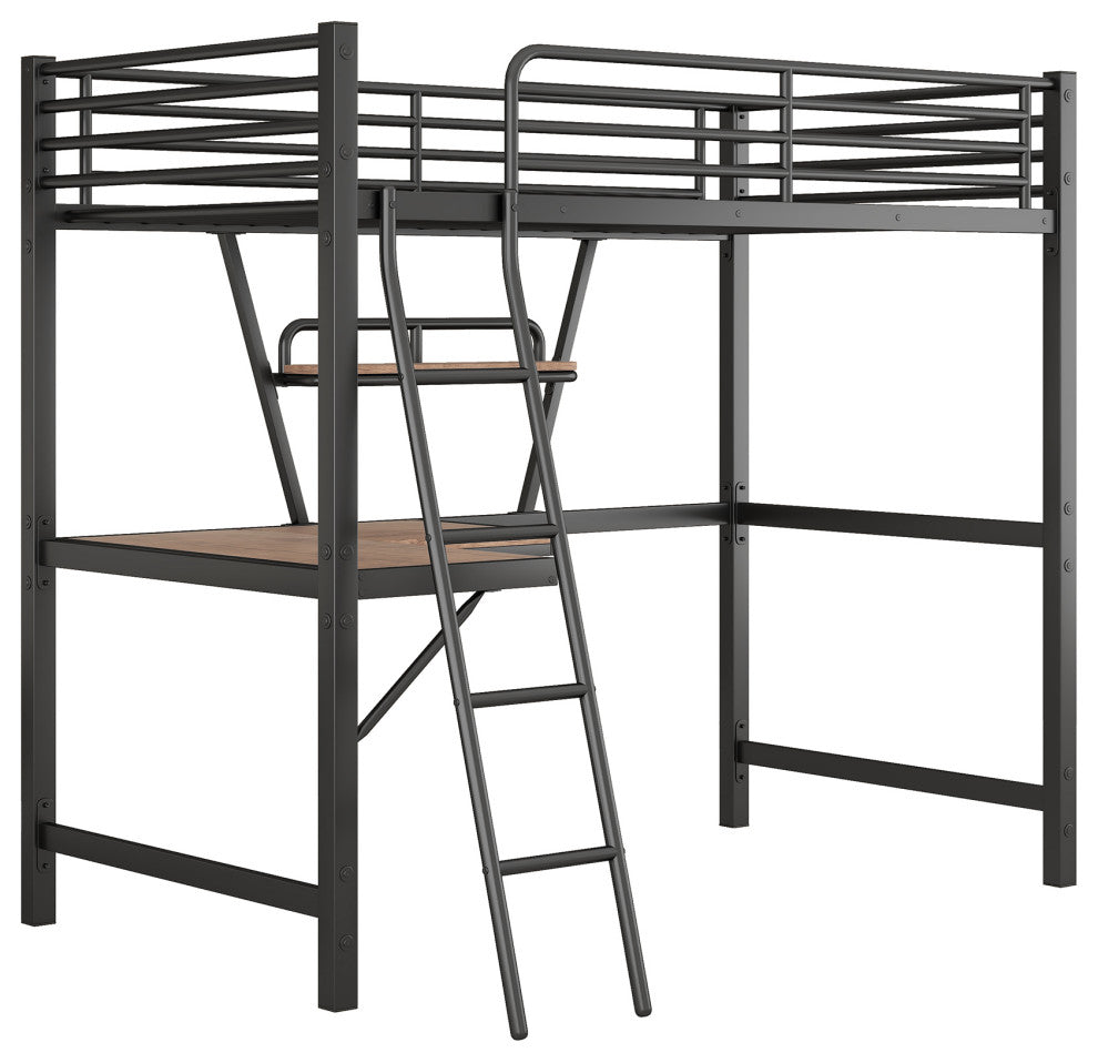 Gewnee Twin Size Loft Metal&MDF Bed with Desk and Shelf in Black