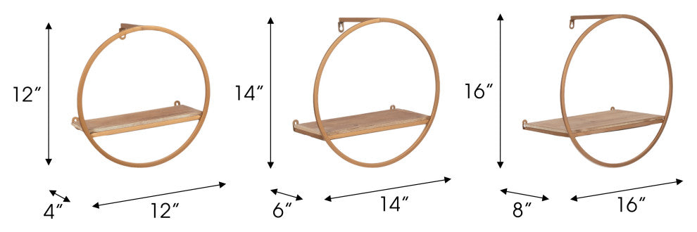 3-Piece Metal and Wood Wall Shelves, Bronze