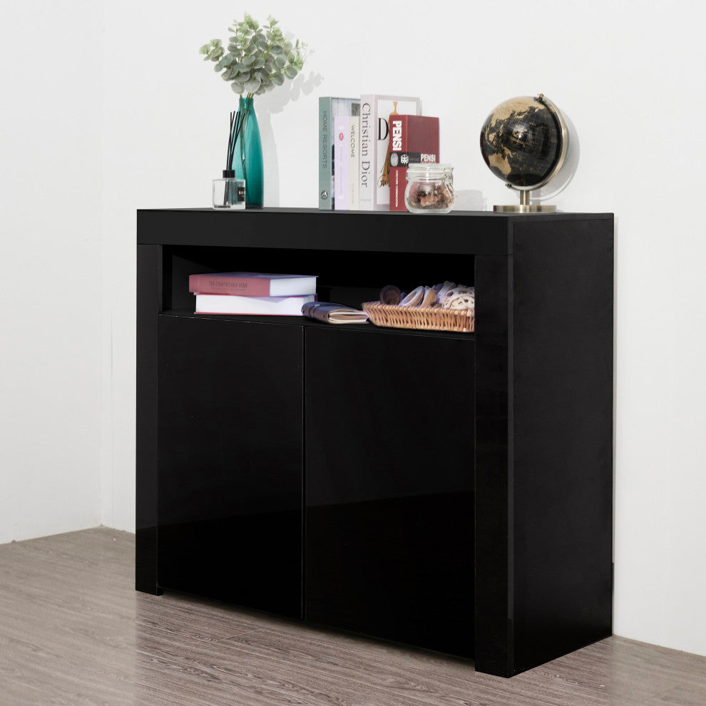 Wood Double Door Accent Cabinet with LED Light, Black, 42'' X 16''