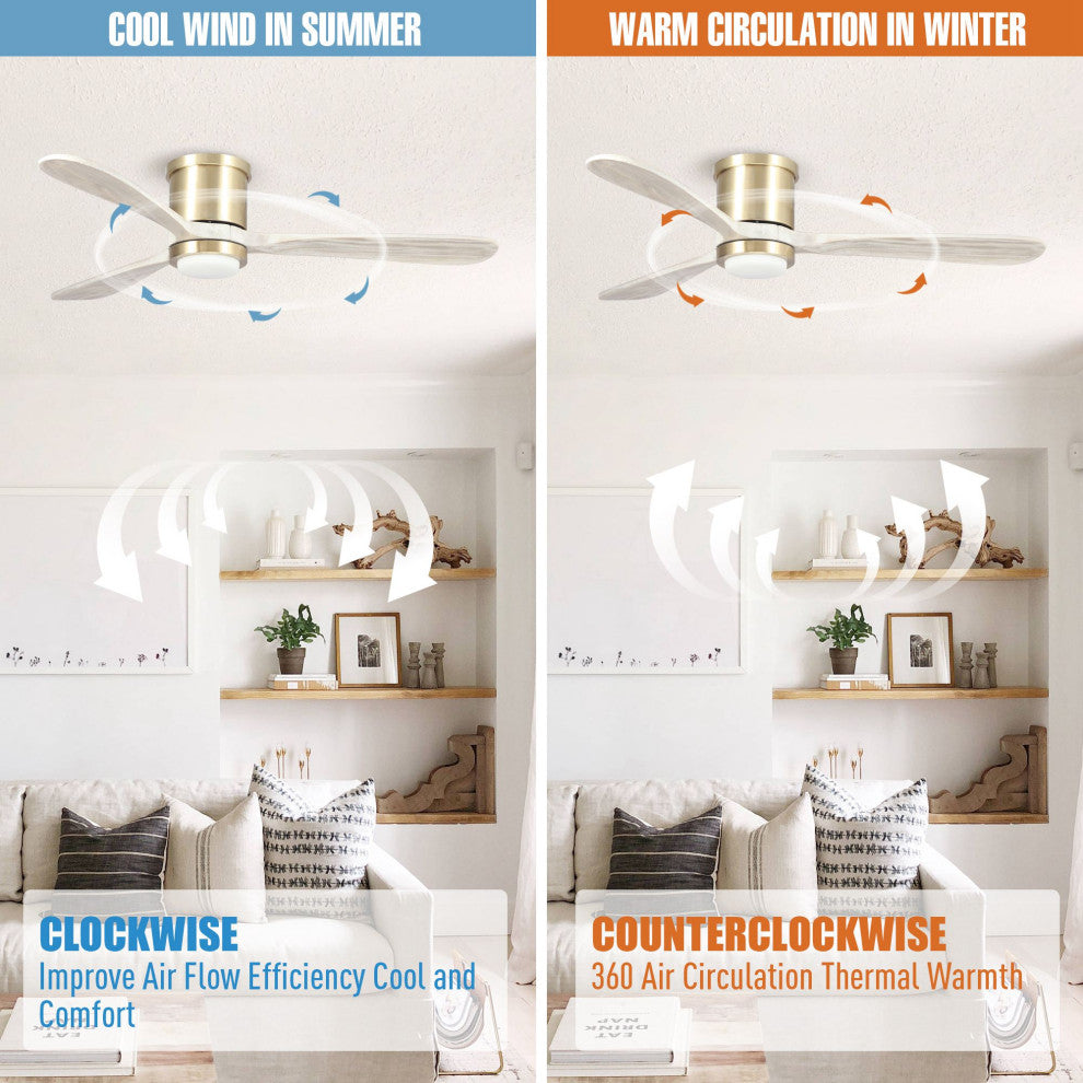 52 in Modern Dimmable Flush Mounted Ceiling fan with 3 Blades in Sand Copper