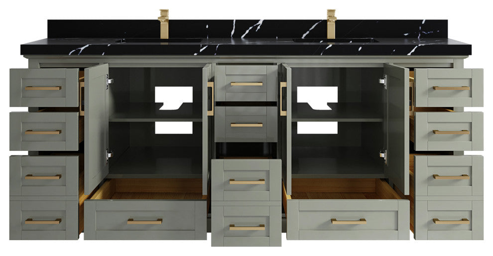 Boston 84 Double Sink Bath Vanity in Evergreen 2" Calacatta Black