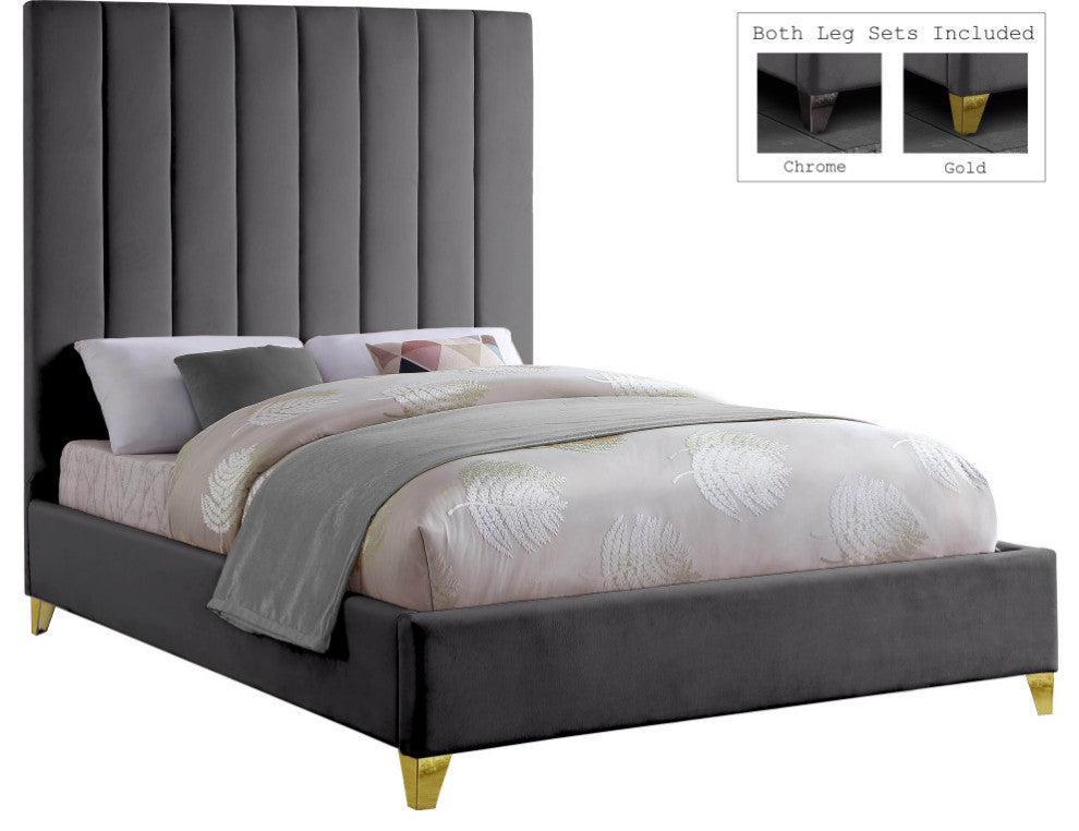 Via Velvet Upholstered Bed, Gray, Queen