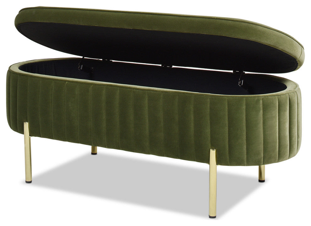 Chloe Modern Glam Storage Bench, Olive Green Performance Velvet