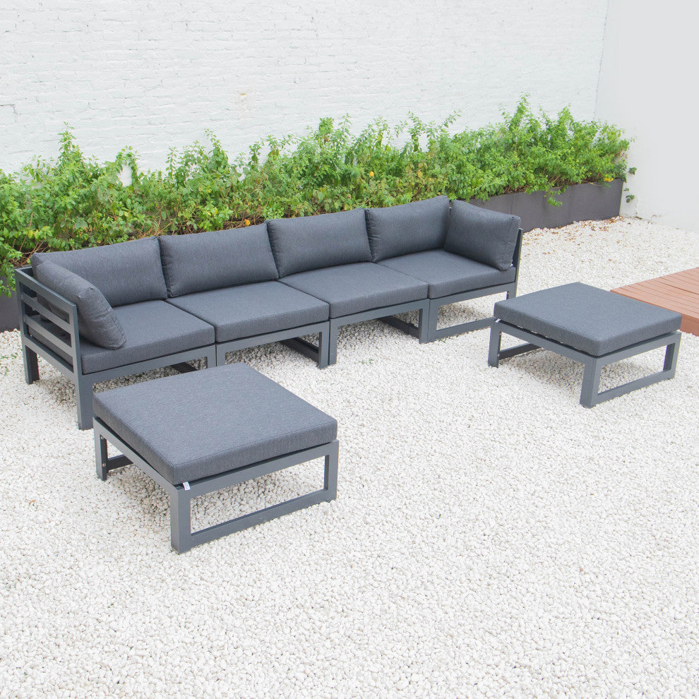 LeisureMod Chelsea 6-Piece Patio Ottoman Sectional Black Aluminum, Black