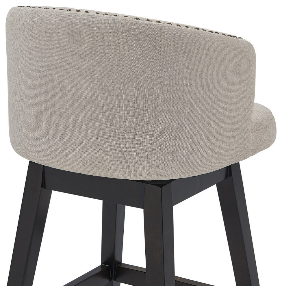 30" Tan Tufted Fabric and Dark Espresso Wood Swivel Bar Stool