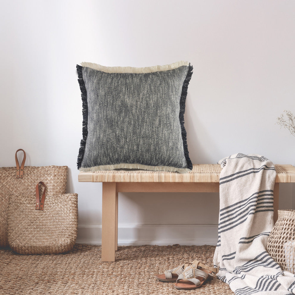 Two-Tone Cotton Throw Pillow with Fringe, Dark Blue, 20" X 20"