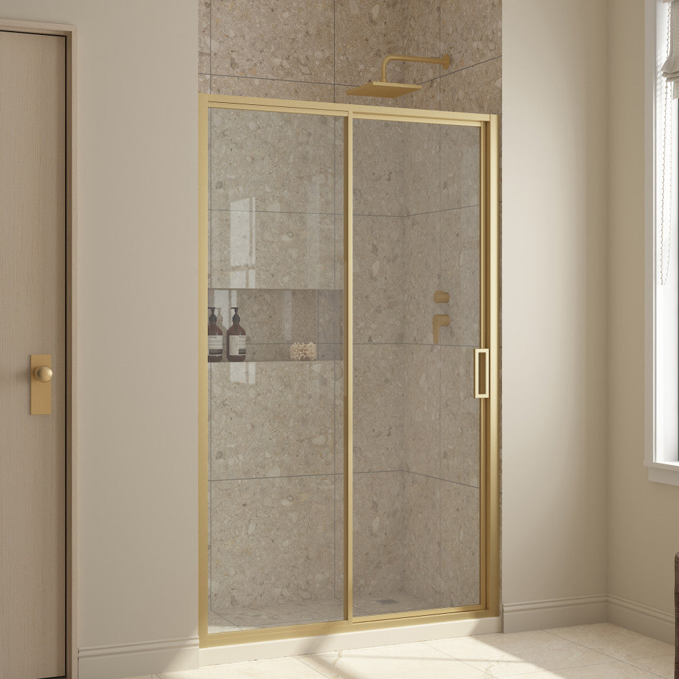 Stanford Sliding Fluted Alcove Shower Door, Brushed Gold, Clear Glass, 48"
