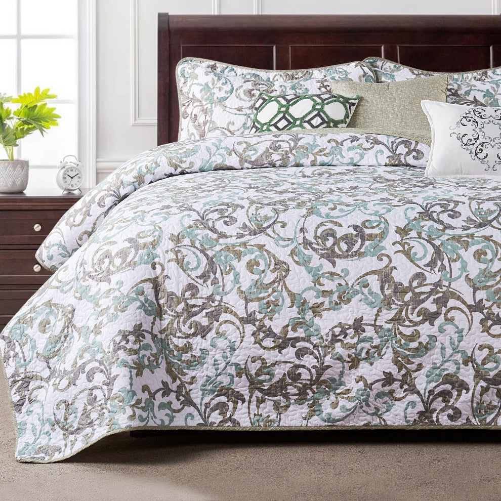 Serenta Ravello Scroll Printed Quilted 6 Piece Bed Spread Set, Teal / Turquoise, Queen