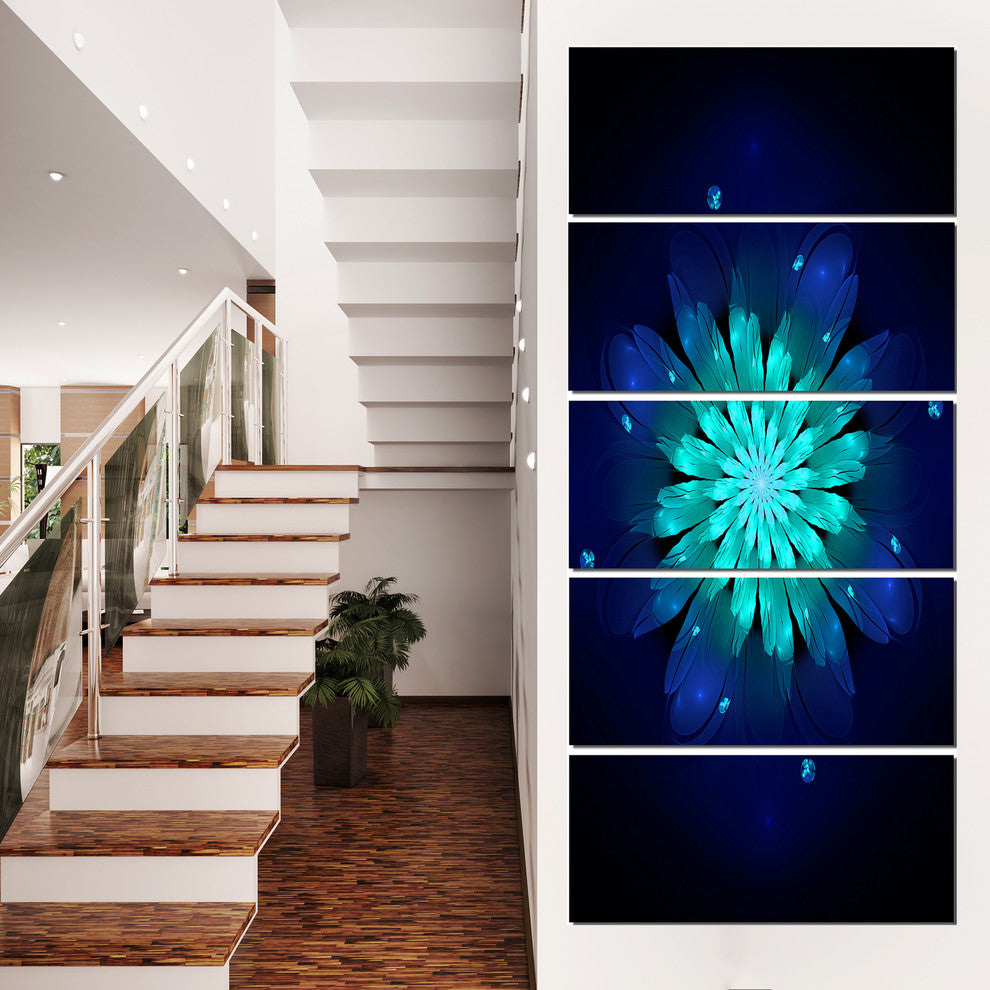 "Fractal Flower, Blue and Turquoise" Floral Art Canvas Print, 5 Panels, 28"x60"