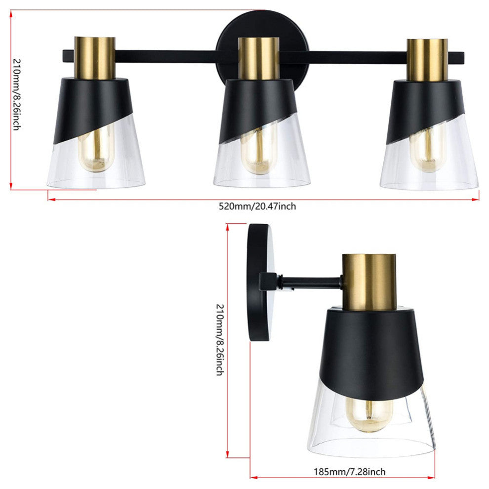 3 Lights Vanity Wall Lightfixture Black and Gold Glass Wall Lighting