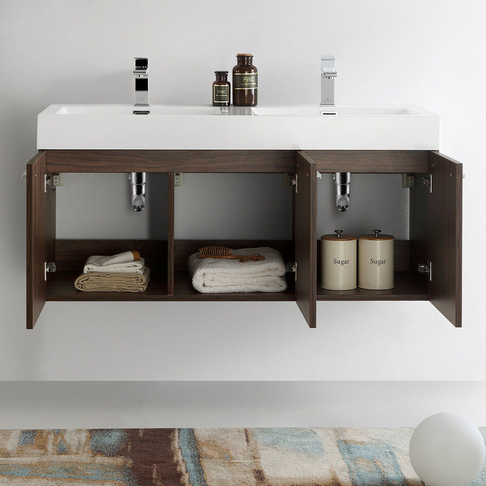 48" Walnut Wall Hung Double Sink Modern Bathroom Cabinet w/ Integrated Sink