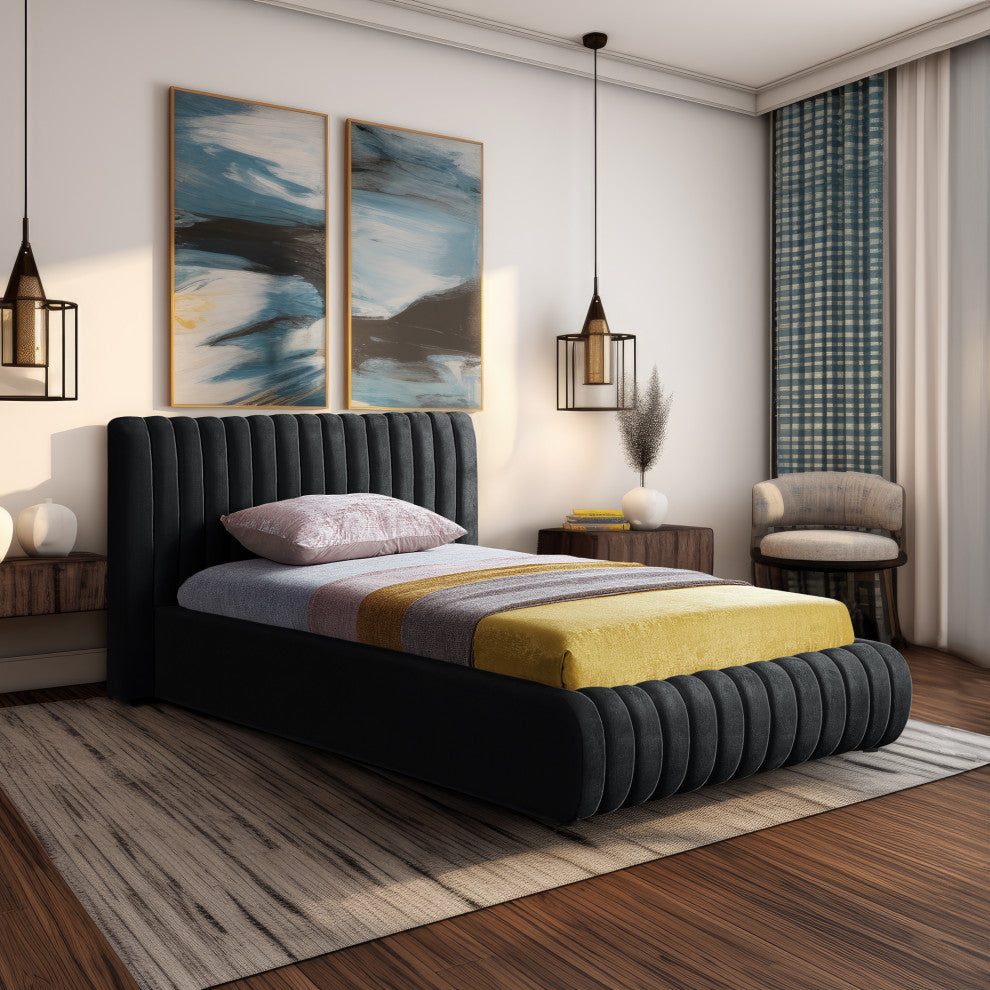 Nico Black Velvet Upholstered Bed, Black, Twin