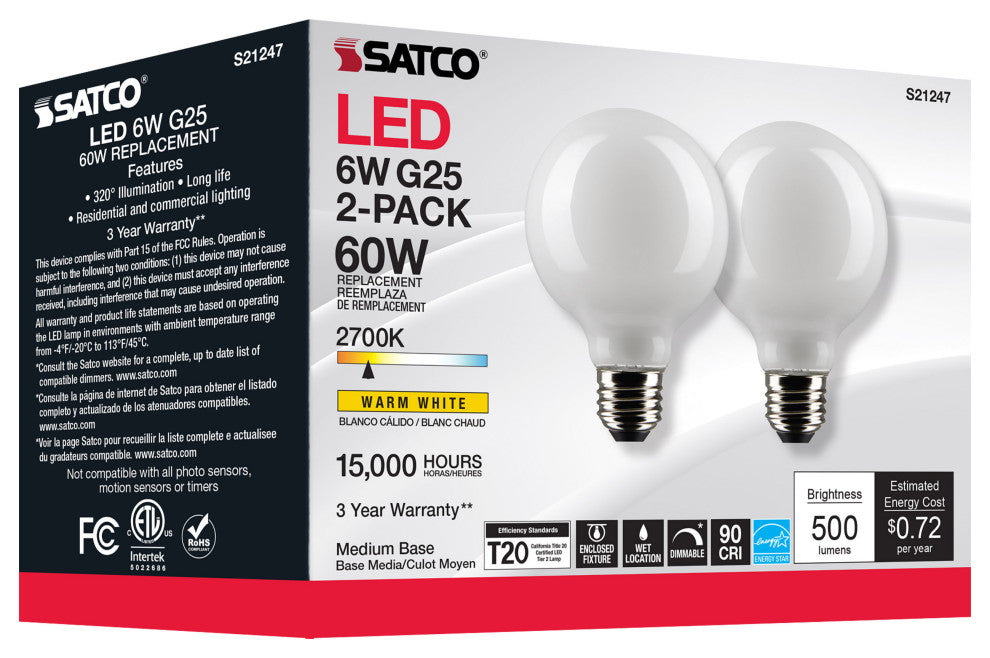 6W G25 LED, White, Medium Base, 90 CRI, 2700K, 120V, 2 Pack