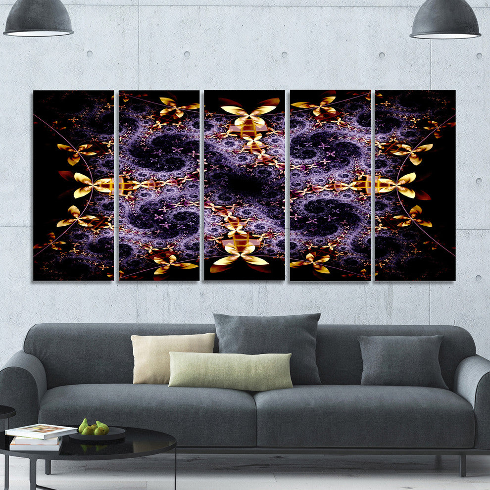 Yellow and Violet Fractal Flower, Abstract Wall Art Canvas, 60"x28", 5 Panels