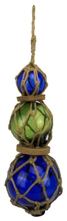 Blue, Green, Blue Japanese Glass Ball Fishing Floats with Brown Netting Decor