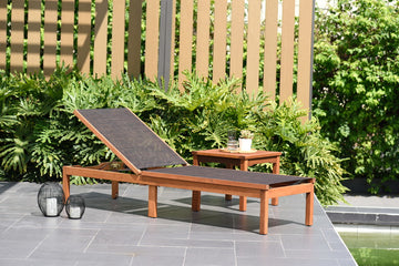 Amazonia 1-Piece Sling Chaise Patio Lounger | Eucalyptus Wood, Brown