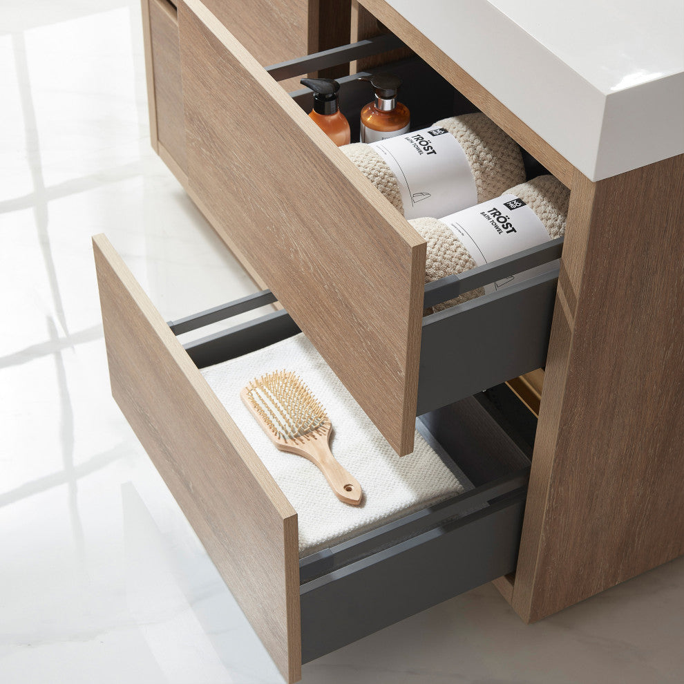 Huesca Bath Vanity, Integrated Sink Top, North American Oak, 48", With Mirror