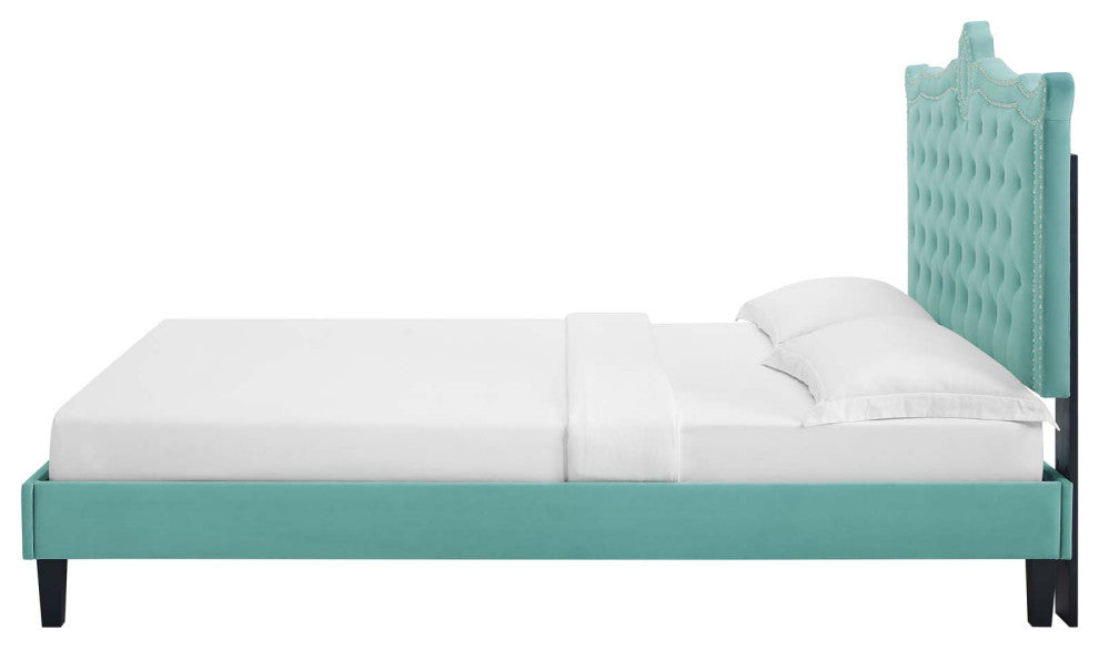 Platform Bed Frame, Nailhead, Queen Size, Blue, Velvet, Modern, Guest Suite