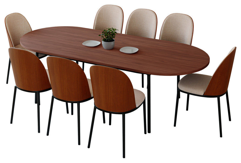 LeisureMod Tule 9-Piece Dining Set in Black Steel Frame, Walnut/Light Brown