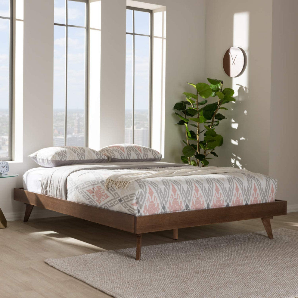Mid-Century Modern Walnut Brown Finished Solid Wood Bed Frame, Queen