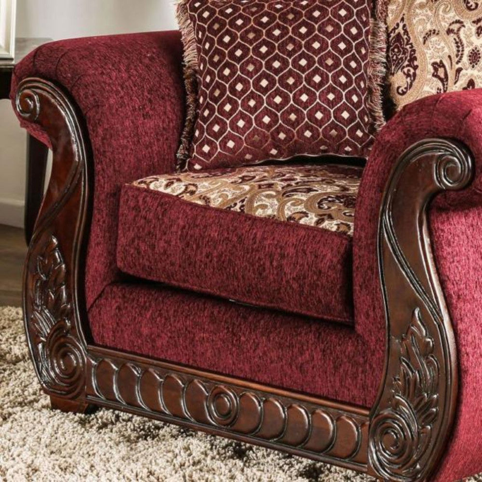 Fabric Upholstered Chair with Rolled Arms Design, Wine, Gold