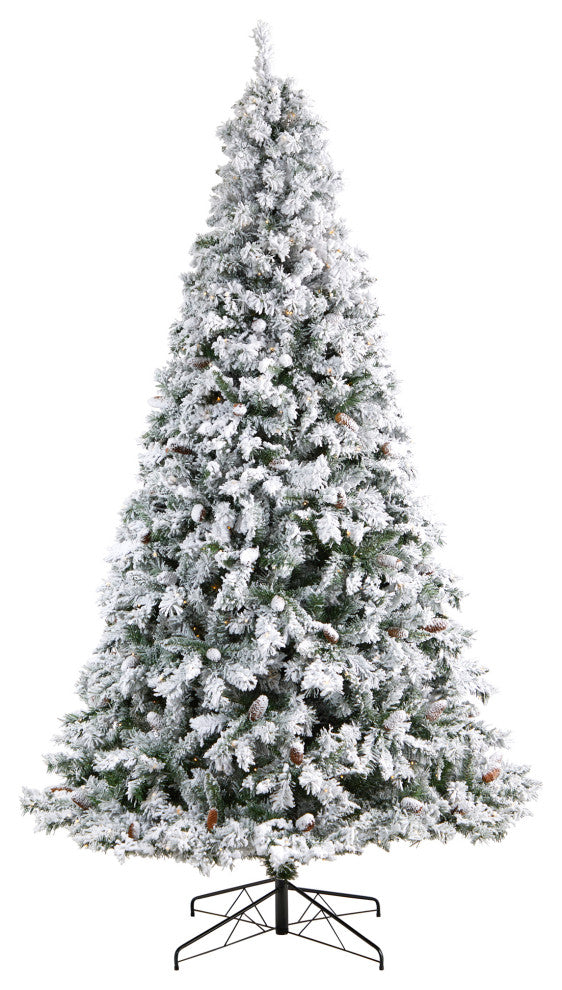 9' Flocked White River Mountain Pine Christmas Tree With Pinecones, 650 LEDs