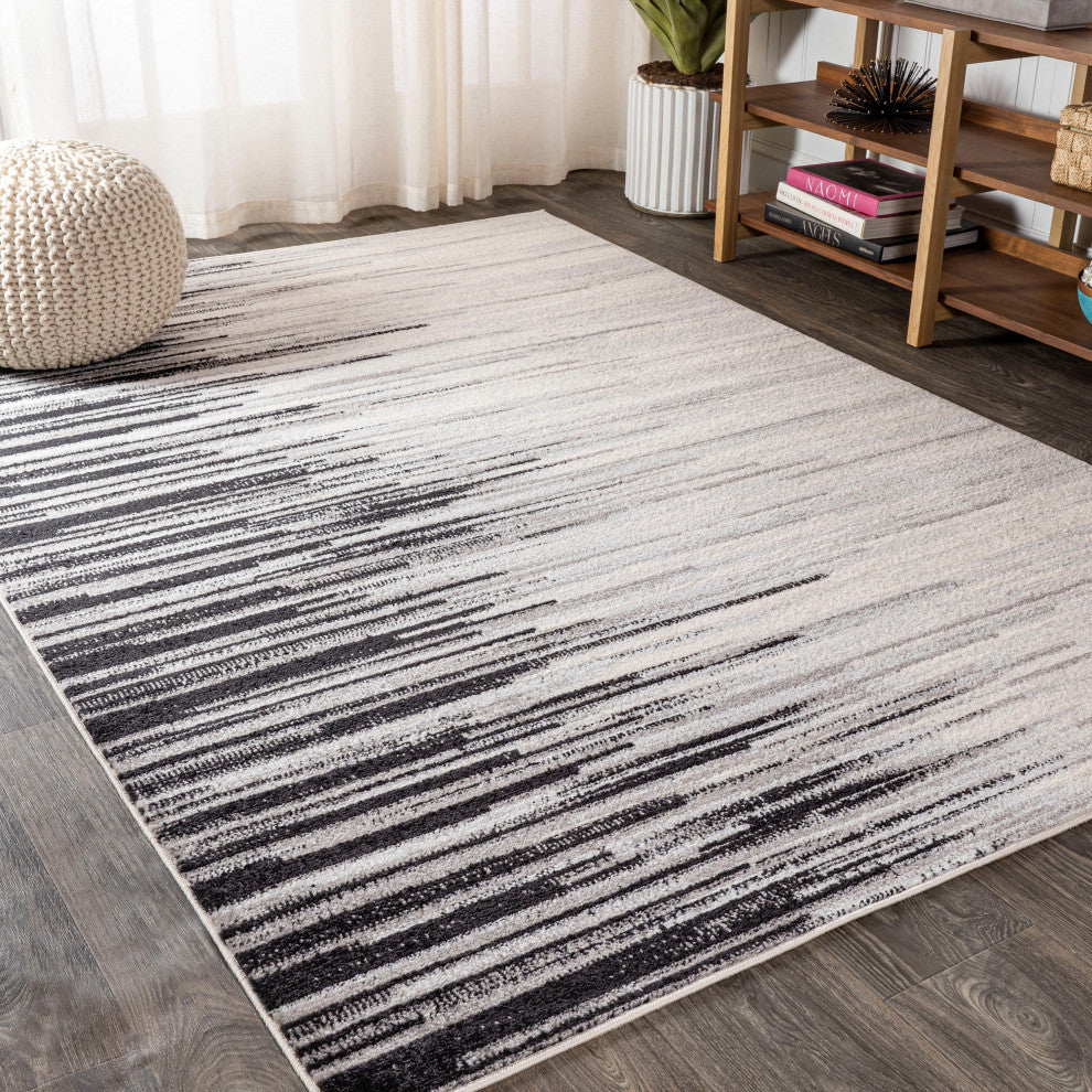 Linear Modern Half-Stripe Area Rug, Gray/Cream, 3 X 5