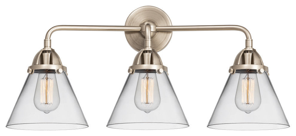 Large Cone Bath Vanity Light, Brushed Satin Nickel, Clear, Clear