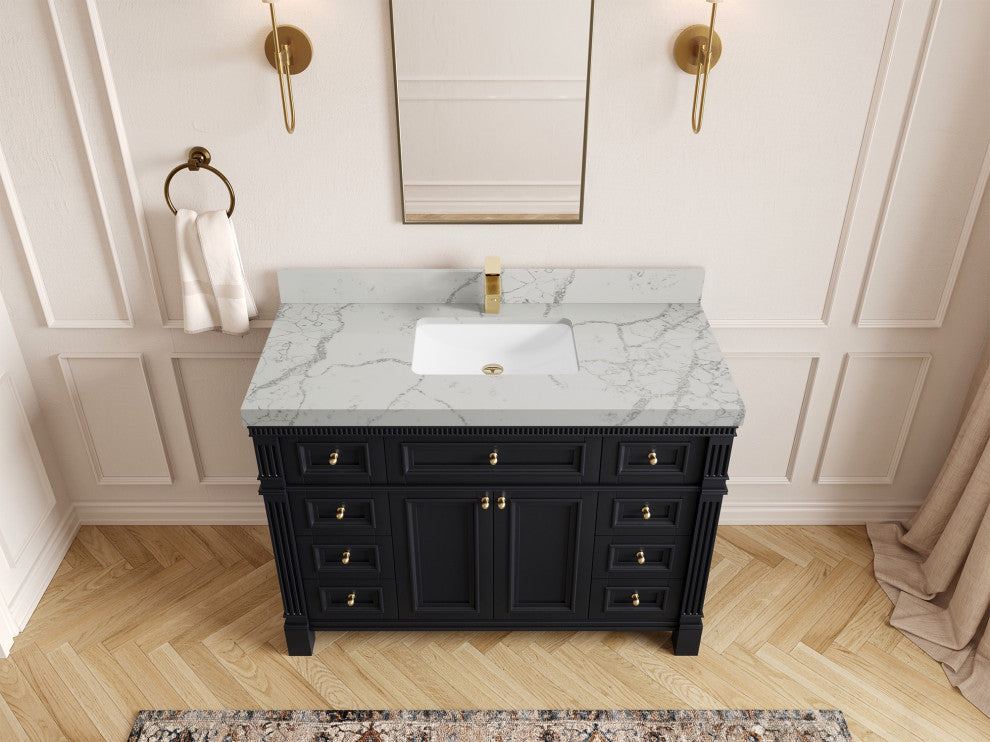 Paris 48" Single Sink Bathroom Vanity, Black 2" Venatino Quartz