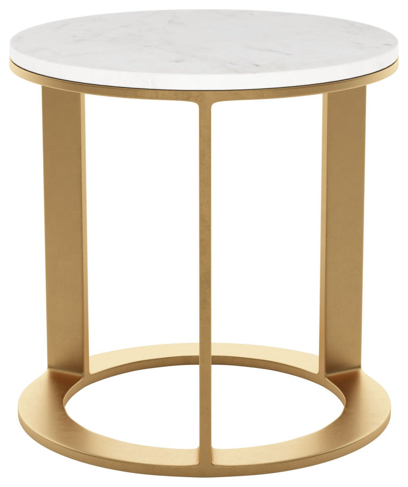 Sofa Side Table, Round, Artificial Marble, Aluminum Metal, White, Gold, Lounge
