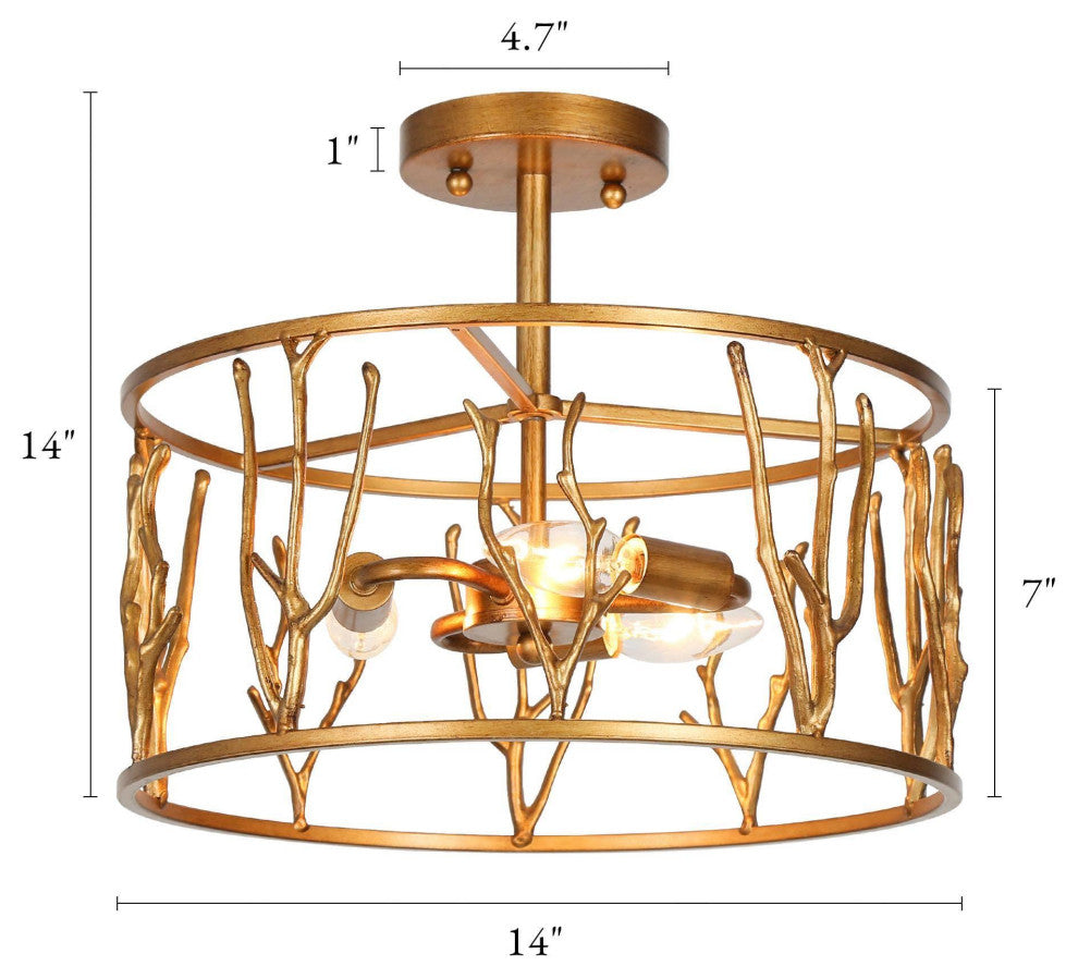 3-Lights Antique Brushed Gold and Modern Semi-Flush Mount Celling Light, 14.2"