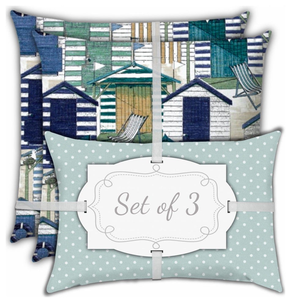 3-Piece Set Blue Beach Hut Indoor Outdoor Zippered Pillow Covers
