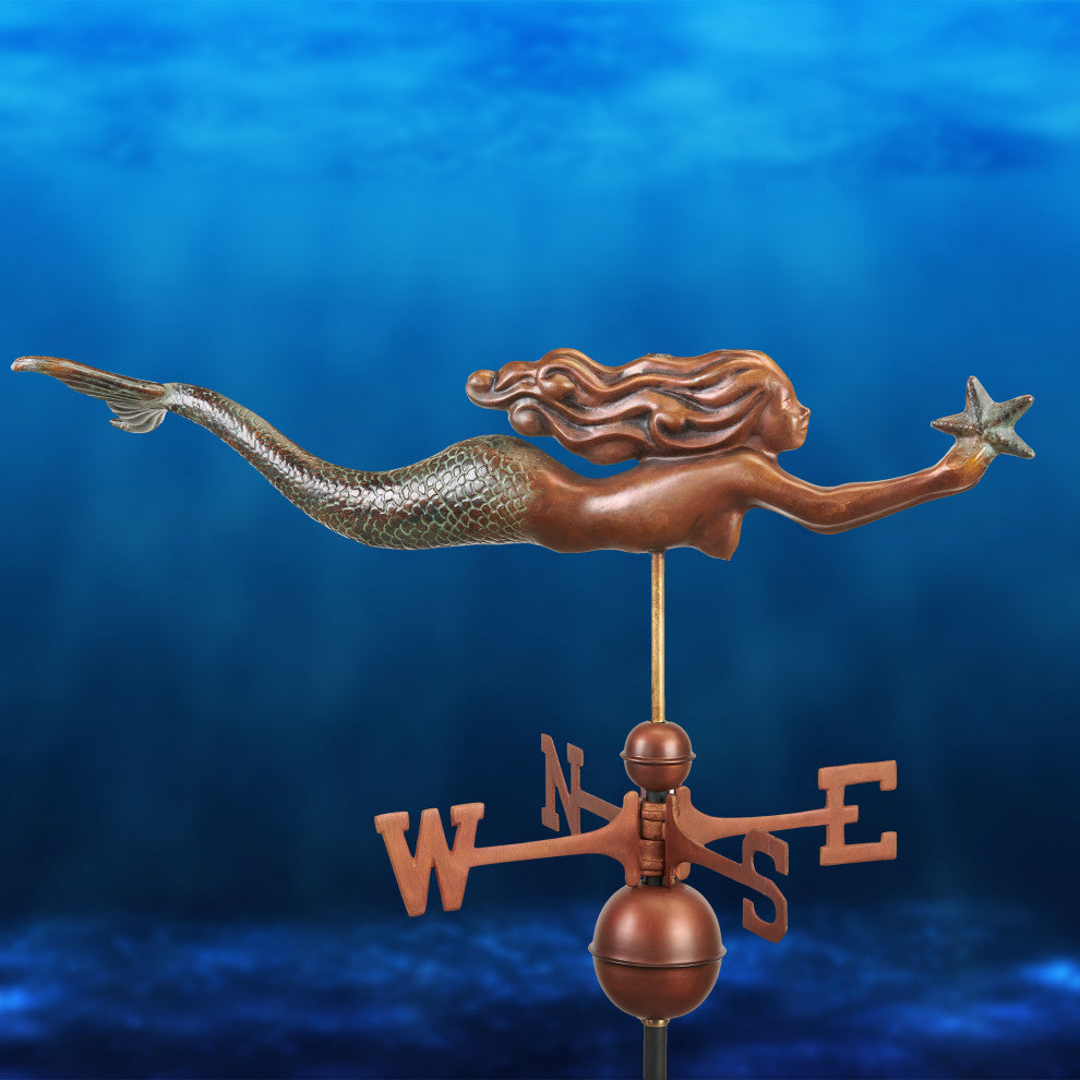 Mermaid With Starfish Weathervane-Pure Copper Hand Finished Multi-Color Patina