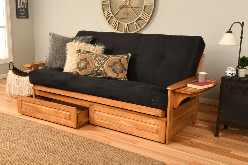 Mesa Frame Futon With Butternut Finish, Storage Drawers, Suede Black