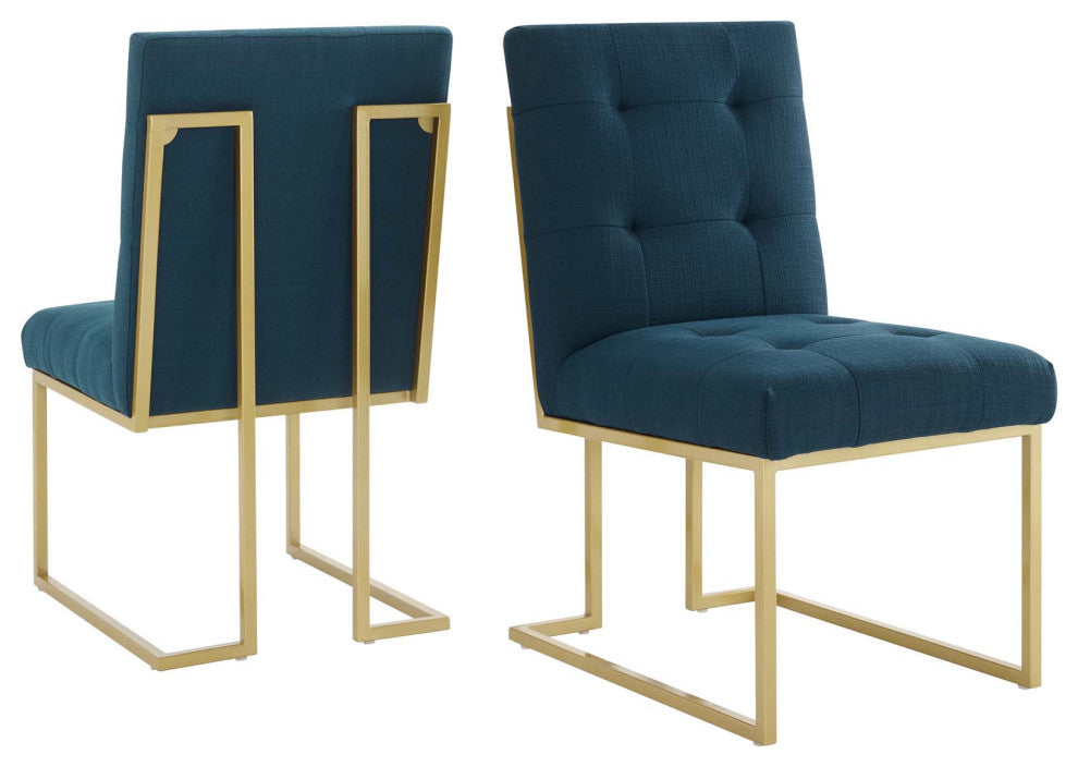Side Dining Chair, Set of 2, Fabric, Metal, Gold Navy Blue, Modern, Cafe Bistro