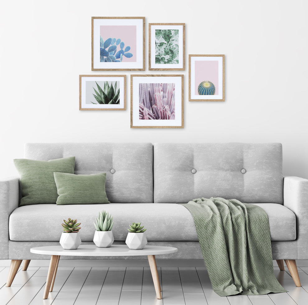 Modern Cactus Framed Wall Art Set, Natural 5 Piece