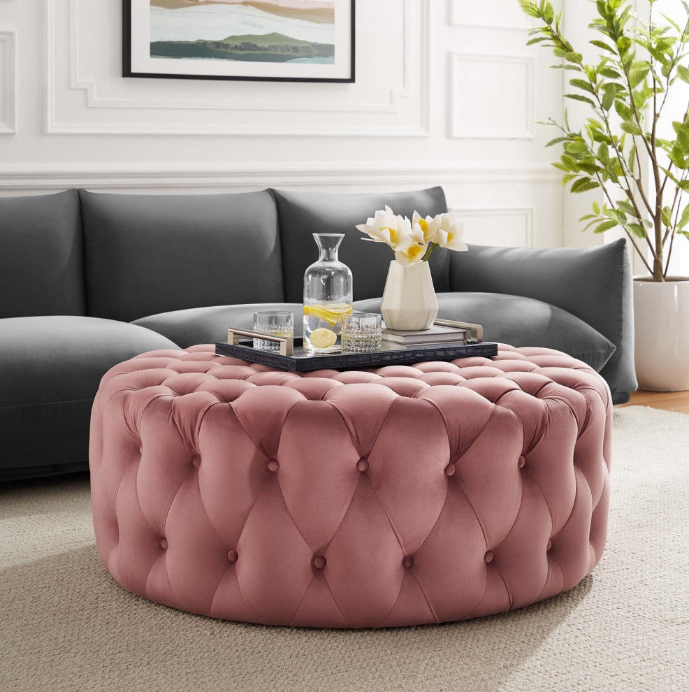 Round Ottoman Accent Tufted Chair, Pink, Velvet, Modern, Lounge Hospitality