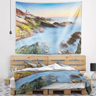Beavertail Lighthouse During Winter Beach Photo Wall Tapestry, 60"x50"