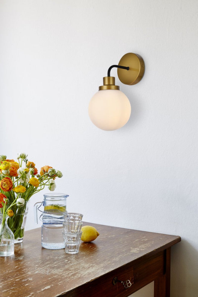 Helen 1-Light Bath Sconce, Black With Brass With Frosted Shade