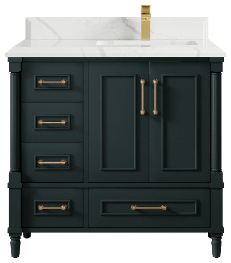 Aberdeen 36 Right Offset Bath Vanity in Dark Forest Green 1.5" Calacatta Laza