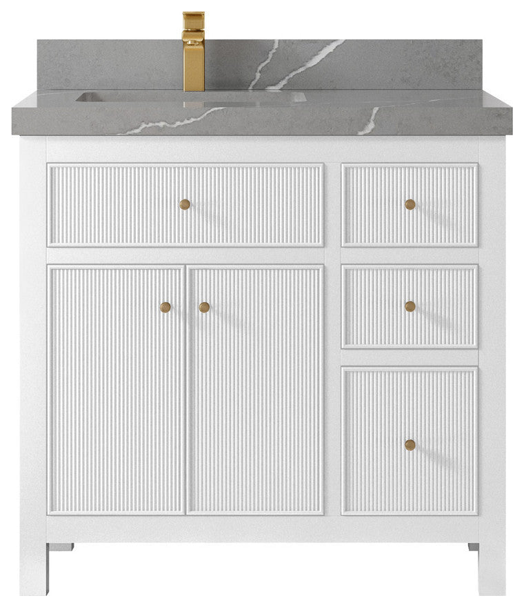 Sonoma 36 Left Offset Reeded Bath Vanity in White 2" Piatra Gray