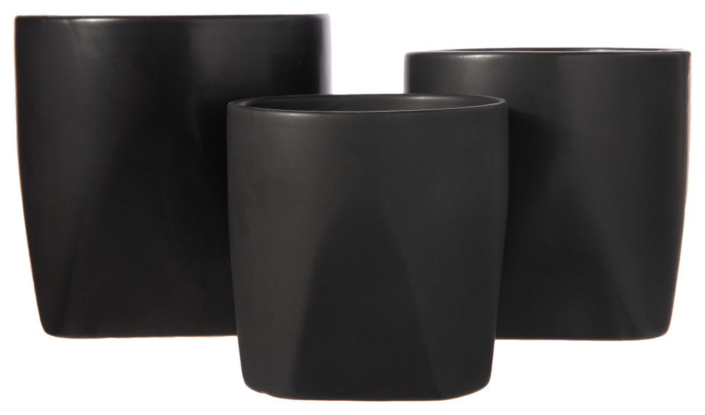 Round Ceramic Pot with Corner Tapered Bottom Design Matte Black Finish, Set of 3