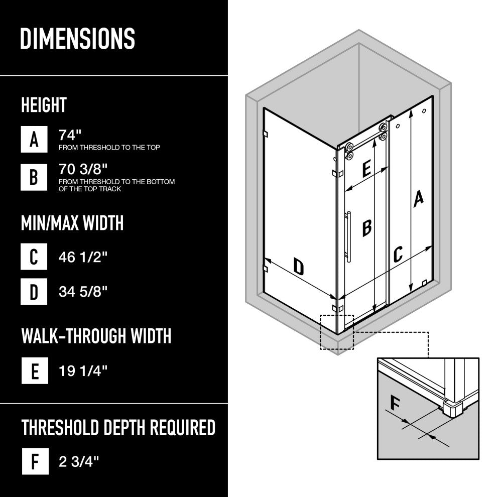 VIGO Winslow Frameless Sliding Shower Enclosure, Chrome, 36" D X 48" W X 80" H, Left Drain Base