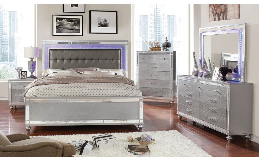 California King Bed with LED Light Trim, Silver