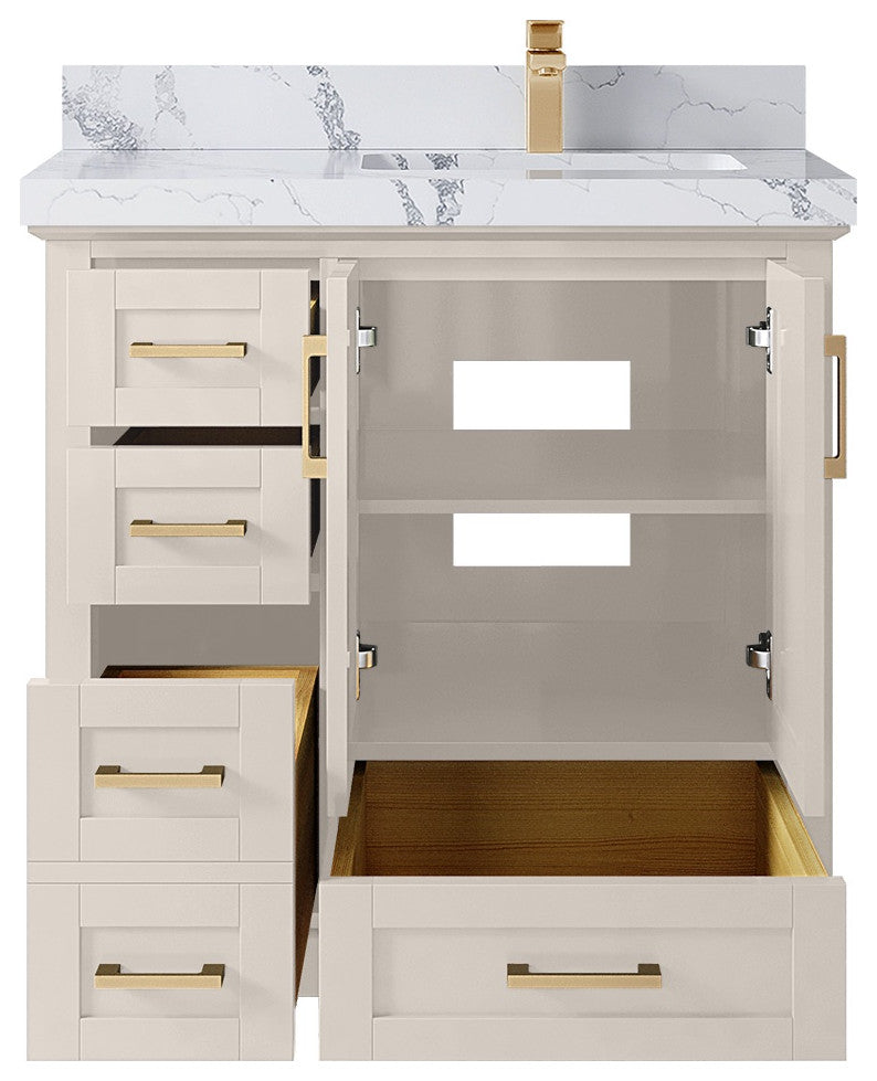 Boston 36" Right Offset Bath Vanity in Fine Grain 2" Calacatta Poanazzo
