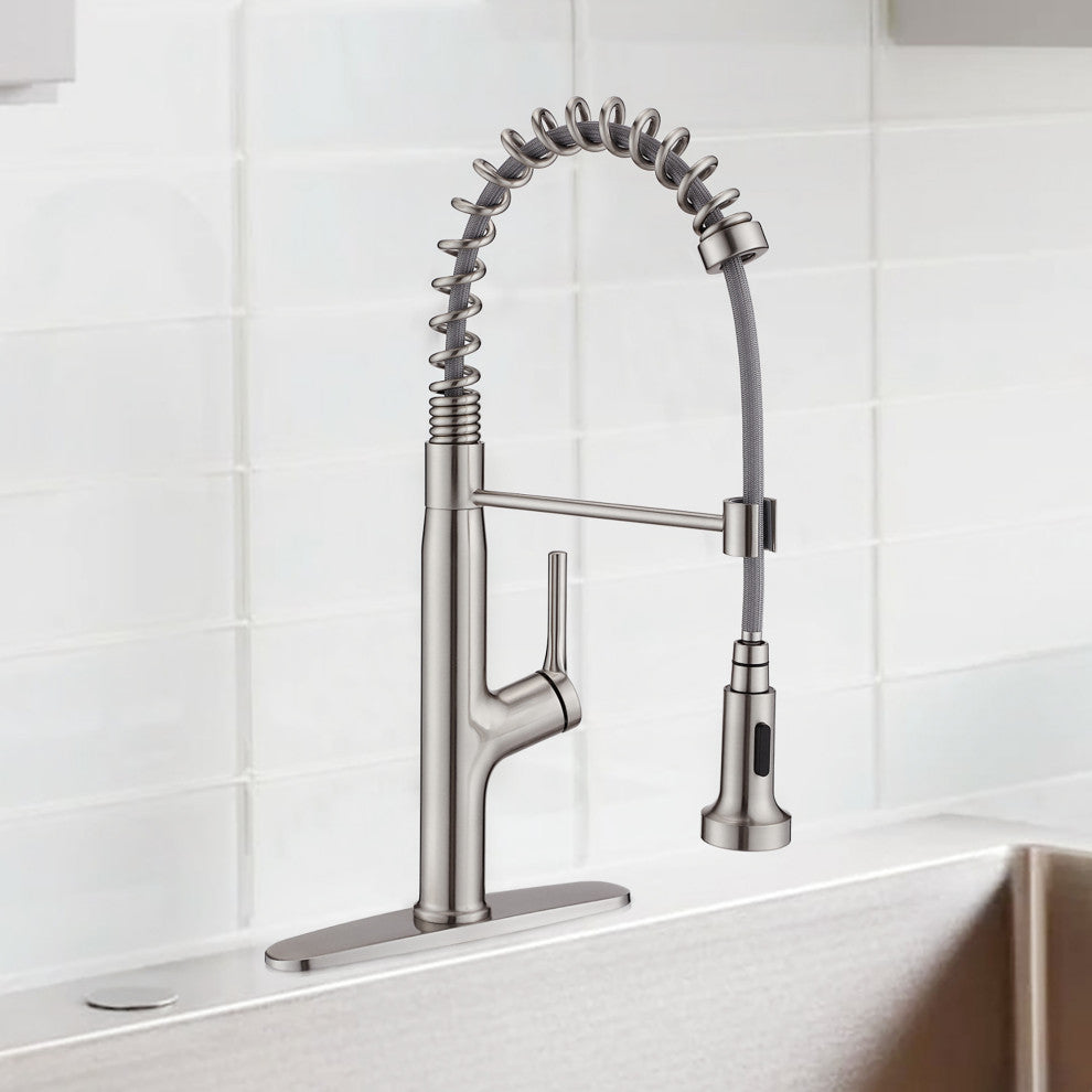 Single Handle Deck Mounted Spring Neck Kitchen Faucet with Pull out Sprayer, Bru