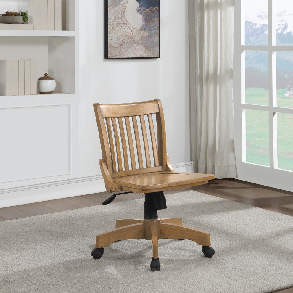 Deluxe Armless Wood Bankers Chair With Wood Seat, Medium Oak
