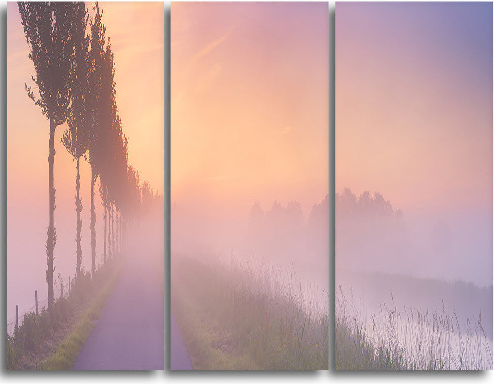 "Foggy Sunrise in the Netherlands" Metal Wall Landscape, 3 Panels, 36"x28"